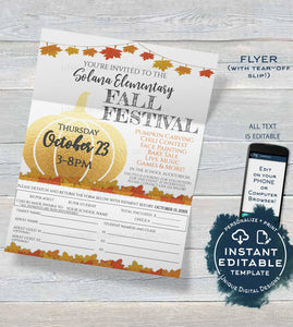 Fall Festival FLYER, Editable Fall Harvest Invitation Printable pta Invite with Tear Off Slip for Parents, Pto Church School INSTANT ACCESS