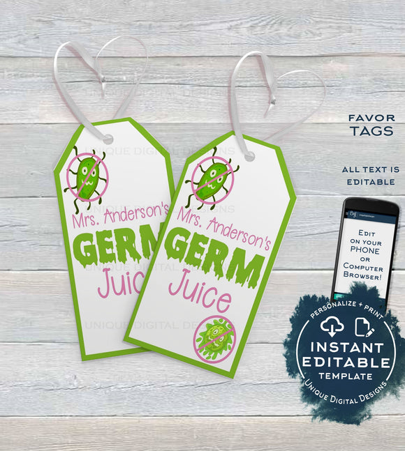 Editable Hand Sanitizer Tags, Kids Germ Juice, Personalized Teacher Favor Tags, Clean Hands Classroom PTA Printable Gifts INSTANT ACCESS