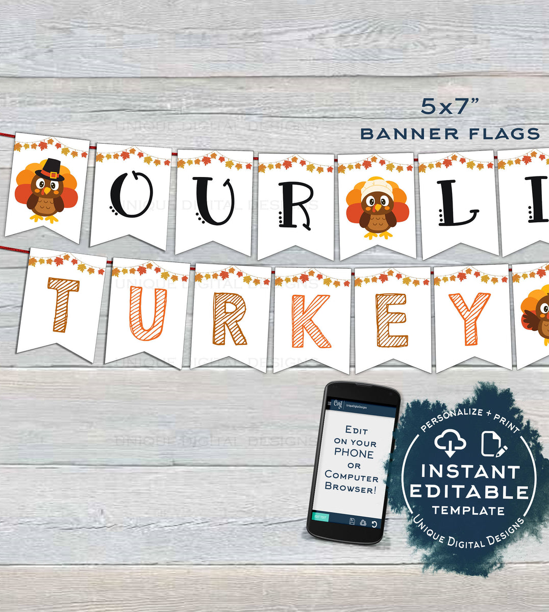 Our Little Turkey Banner , Editable Fall Baby Bunting Flags, Thanksgiv