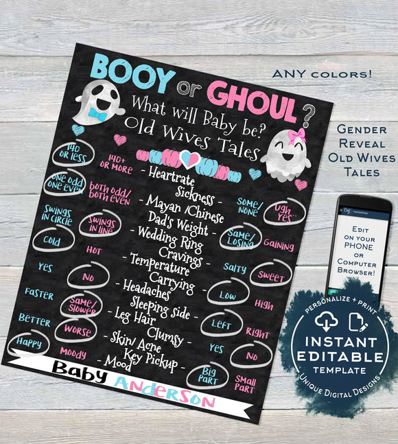 Halloween Gender Reveal Party, Old Wives Tales Sign, Booy or Ghoul Ghosts, Old Wife Baby Reveal Chalkboard, Digital Printable INSTANT ACCESS