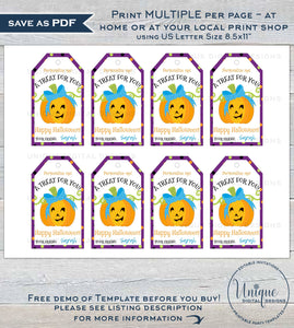 Editable Halloween Favor Tags, Girls Pumpkin Personalized Halloween Tag Trick or Treat Printable Goodie Gift Tag for Teachers INSTANT ACCESS
