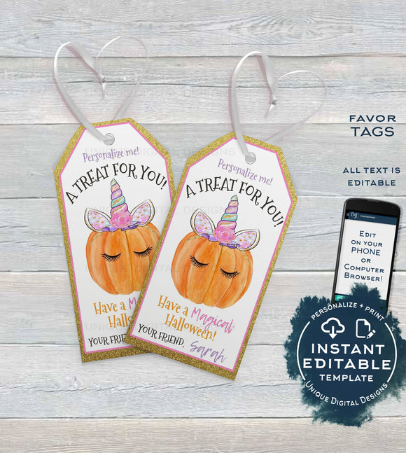 Editable Halloween Tags, Girls Unicorn Pumpkin Halloween Favor Tags, Magical Halloween Tag Trick or Treat Tags Goodie Bag Tag INSTANT ACCESS
