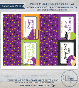 Halloween Food Tent Labels, Editable Halloween Decorations, PTA Printable Holiday Treat Table Fundraiser, pto Church School INSTANT ACCESS