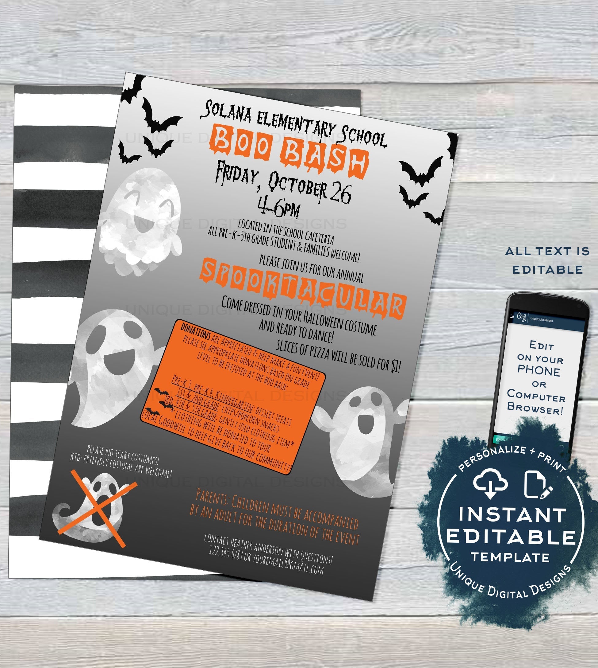 Boo Bash Invitation FLYER, Editable School Halloween Party Printable I
