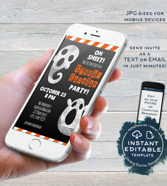 Spooktacular Party Invitation, Editable Halloween Ghost Electronic Invite, Halloween Birthday Digital Smart phone Invitation INSTANT ACCESS