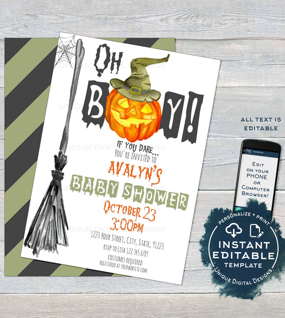 Oh Boy Baby Shower Invitation, Editable Halloween Baby Shower Invite, Spooky Little Pumpkin Baby Boy Printable Template diy INSTANT ACCESS