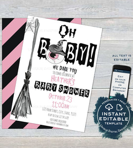 Oh Baby Shower Invitation, Editable Halloween Baby Shower Invite, Spooky Little Witch Eyeball Baby Girl Printable Template INSTANT ACCESS