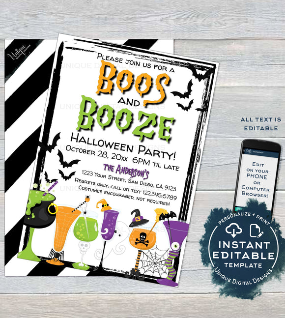 Boos and Booze Invitation, Editable Halloween Party Invite, Birthday Beer Cocktail Boos and Brews Spooktacular Costume Party INSTANT ACCESS