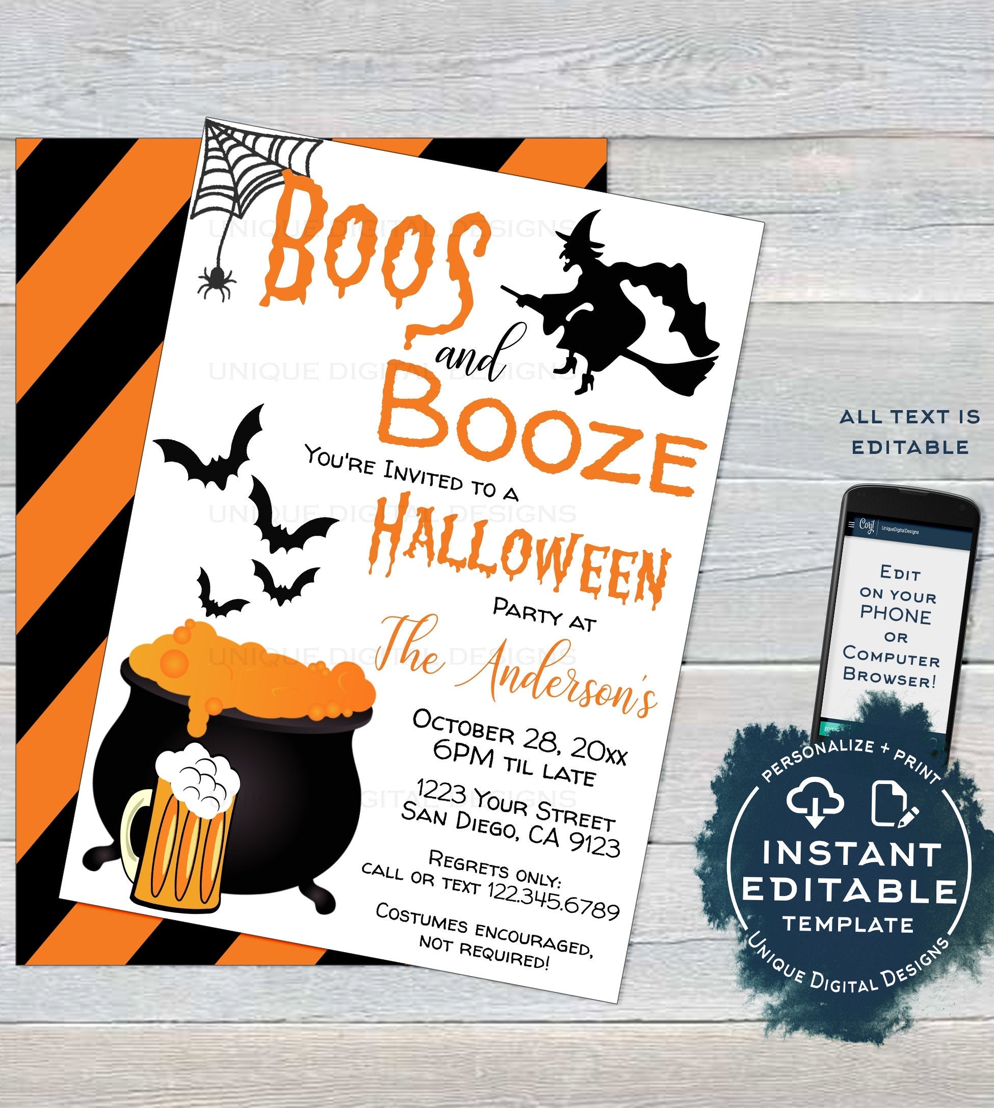 Boos and Booze Invitation, Editable Halloween Party Invite Boo and Bre