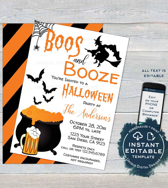 Boos and Booze Invitation, Editable Halloween Party Invite Boo and Brews Beer Spooktacular Costume Party Printable Custom diy INSTANT ACCESS