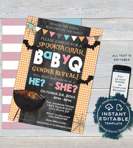 Halloween BabyQ Gender Reveal Invitation, Editable Spooktacular Baby Shower He or She Halloween Party Halloween BBQ Printable INSTANT ACCESS