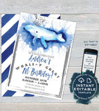 Whale Birthday Invitation, Editable Watercolor Whale Themed Party Invite, Make a Splash Under the Sea Nautical, ANY Age diy INSTANT ACCESS