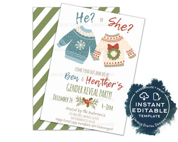 Christmas Gender Reveal Invitation, Editable Ugly Christmas Sweater Invite, He or She Baby Boy or Girl Cast Vote Printables INSTANT ACCESS
