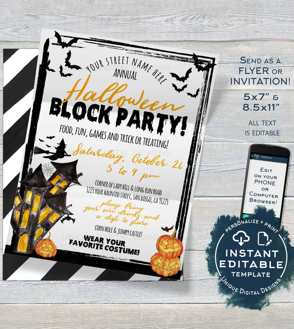 Halloween Block Party Invitation, Editable Street Party Invite, Neighborhood Costume Party Flyer, Backyard BBQ hoa Printable INSTANT ACCESS