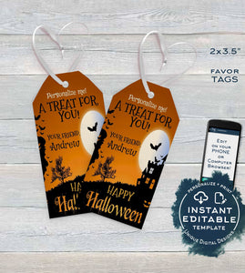 Editable Birthday Halloween Favor Tags, Personalized Halloween Tags Trick or Treat Thank You Printable Adult Gift Tags Spooky INSTANT ACCESS