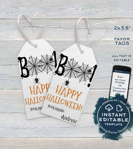 Editable Birthday Halloween Favor Tags, Boo Personalized Halloween Tags Trick or Treat Thank You Printable Gift Tags Spooky INSTANT ACCESS