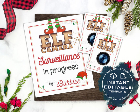 Editable Elf Surveillance Kit, This House is under Elf Surveillance Sign, Personalized Christmas Elf Props, Camera Printables INSTANT ACCESS