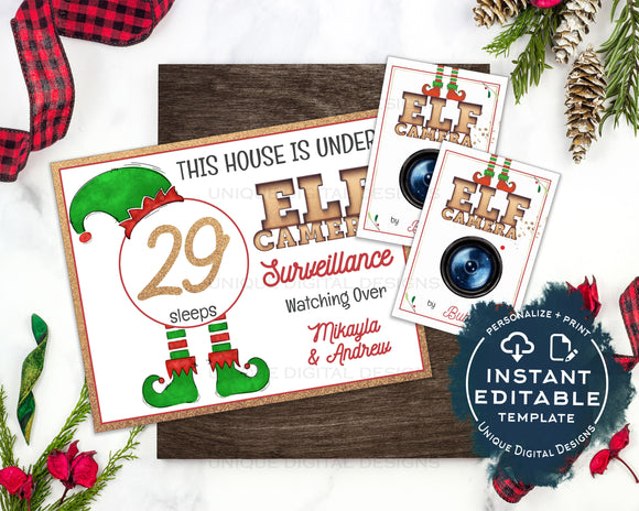 Editable Elf Surveillance Kit, This House is under Elf Surveillance Sign, Personalized Christmas Elf Props Marquee Printables INSTANT ACCESS