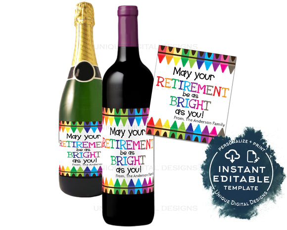 Teacher Retirement Wine Bottle Label Editable Wine Label Sticker Champagne Gift for Teacher Staff Appreciation Printable INSTANT ACCESS UTCR