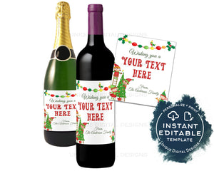 Editable Wine Bottle Christmas Gift, Personalized Holiday Wine Labels, Printable Wine Sticker Champagne Gold, Gift for Adults INSTANT ACCESS
