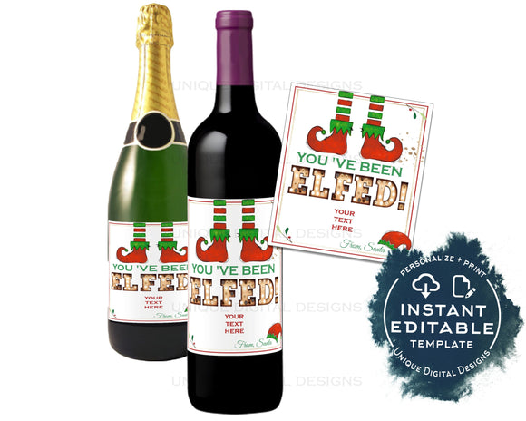 Editable You've Been Elfed Wine Bottle Christmas Gift, Elf Personalized Holiday Wine Labels Printable Wine Gift for Adult diy INSTANT ACCESS