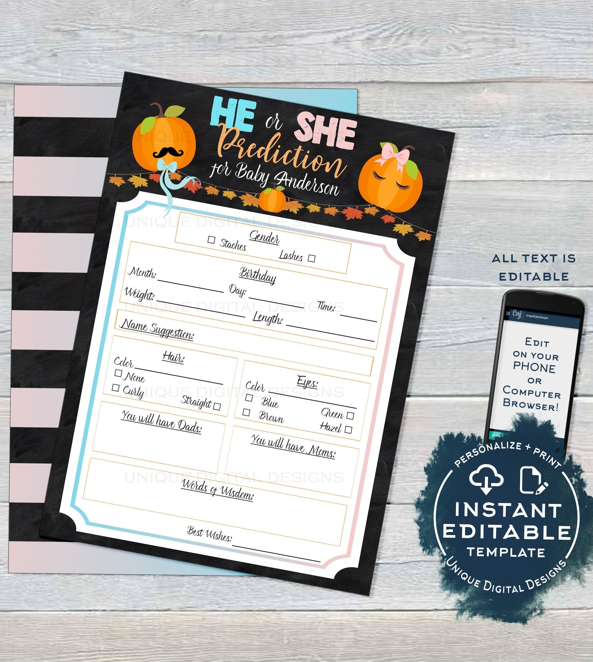 editable-gender-reveal-prediction-card-personalized-little-pumpkin-ba for Free Printable Gender Reveal Game Templates Editable Gender Reveal Prediction Card, Personalized Little Pumpkin Ba for Free Printable Gender Reveal Game Templates