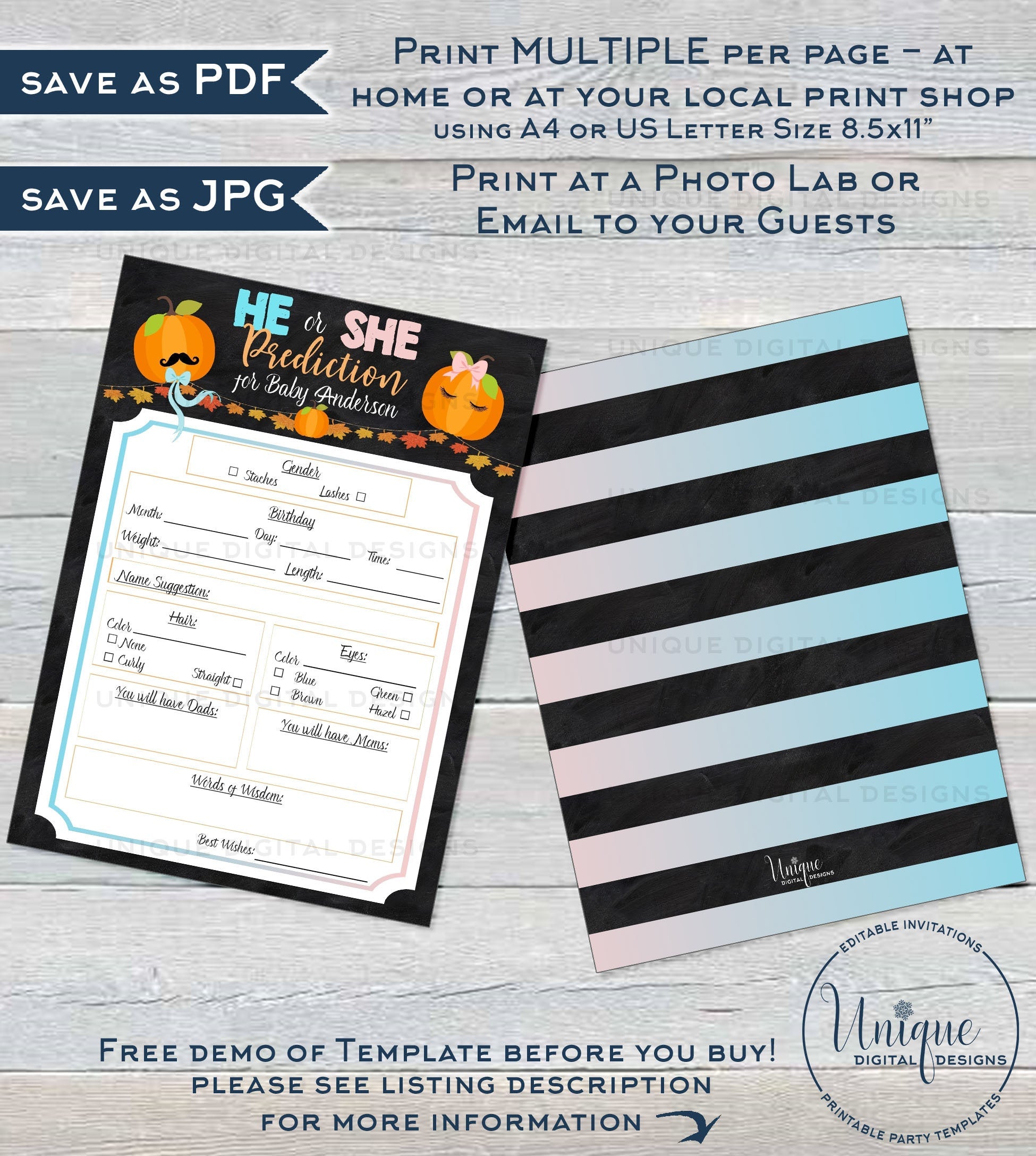 Editable Gender Reveal Prediction Card, Personalized Little Pumpkin Ba editable-gender-reveal-prediction-card-personalized-little-pumpkin-ba