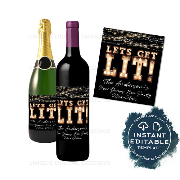 Editable Lets Get Lit Wine Bottle New Years Eve Gift, Let's Get Lit Personalized Holiday Wine Labels Printable Gift for Adult INSTANT ACCESS