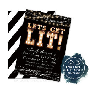 Editable Let&#39;s Get Lit New Years Eve Party Invitation, Lets Get Drunk Holiday Party Celebrate Marquee Lights, Printable Adult INSTANT ACCESS