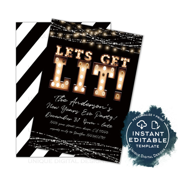 Editable Let's Get Lit New Years Eve Party Invitation, Lets Get Drunk Holiday Party Celebrate Marquee Lights, Printable Adult INSTANT ACCESS