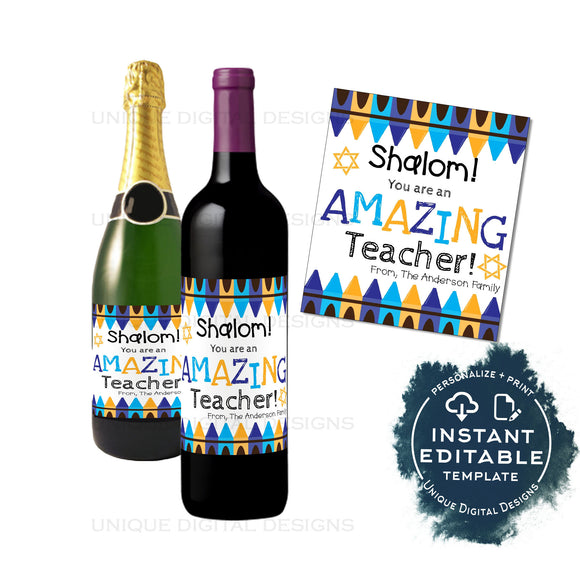 Editable Teacher Appreciation Hanukkah Gift, Personalized Chanukah Wine Bottle Label Sticker Gift for Teacher Staff Printable INSTANT ACCESS