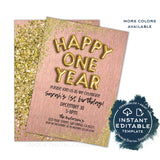 Happy One Year Birthday Invitation, Editable New Years Eve Party, First Birthday Party, Glitter Printable Template diy INSTANT ACCESS 2020
