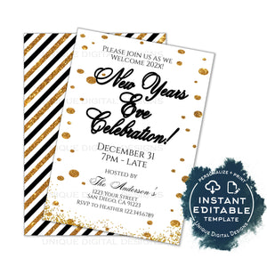 Editable New Years Eve Invitation, Personalized New Year Celebration Invite, New Years Eve Party Glitter Champagne Printable INSTANT ACCESS