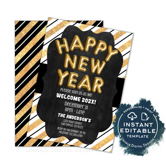 New Years Eve Invitation Celebration Invite, Editable 2020 New Years Eve Party Glitter Champagne Printable Personalized INSTANT ACCESS 5x7