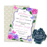 Editable Butterfly Baby Shower Invitation, Lilac Baby Girl Elegant Floral Dahlia Flower, Personalized Baby Sprinkle Printable INSTANT ACCESS