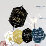 Editable New Years Eve Sparkler Tags, 2020 New Years Eve Party Sparkler Cover Favors, diy Birthday Party Printable Template INSTANT ACCESS