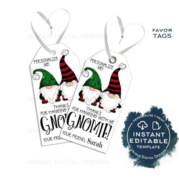 Editable Hangin' with my Gnomies Christmas Gift Tags, Personalized Holiday Tags, Kids Gift Labels Present Printable Favor Tag INSTANT ACCESS