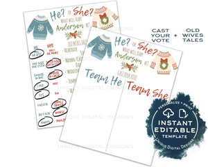 Editable Christmas Gender Reveal Signs, Ugly Christmas Sweater Old Wives Tales Cast Vote He or She Baby Boy or Girl Printable INSTANT ACCESS