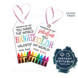 Valentine's Crayon Gift Tags, Editable You Color My World Non Candy Valentine Card, Kids Class School Teacher Staff Printable Favor INSTANT