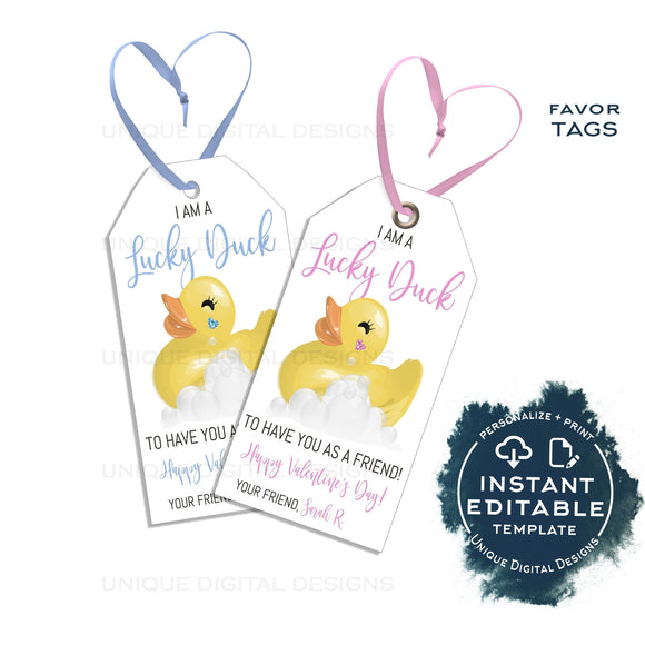 Editable Valentine Lucky Duck Tags, Kid Friend Rubber Ducky Valentine Gift Tag, Personalized Non Candy Favor Printable School
