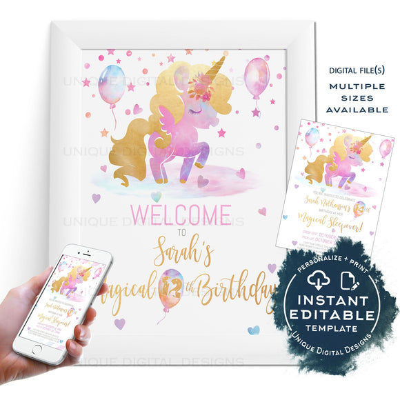Unicorn Birthday Sleepover Invitation, Editable Unicorn Birthday Party Invite, Magical Unicorn Girls Rainbow Glitter Printable Decorations