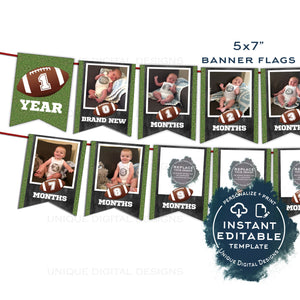 Football Banner , Football First Year Photo Banner Flags, Editable Football 1st Birthday Decor, Printable