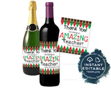 Editable Teacher Appreciation Christmas Gift, Wine Bottle Label Wine Label Sticker Champagne Gift for Teacher Staff Printable INSTANT ACCESS