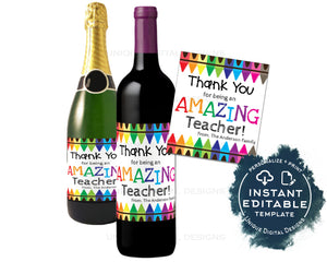 Teacher Appreciation Wine Bottle Label, Editable Wine Label Sticker Champagne Gift for Teacher Staff Avery Custom Printable INSTANT ACCESS