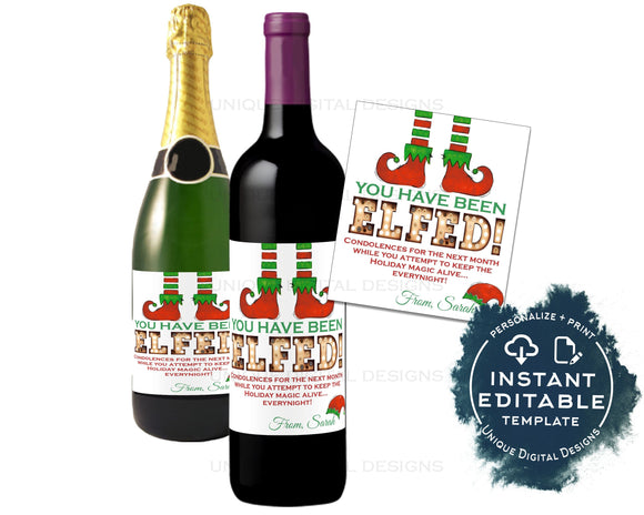 Editable You've Been Elfed Wine Bottle Christmas Gift, Elf Personalized Holiday Wine Labels Printable Wine Gag Gift for Adult INSTANT ACCESS