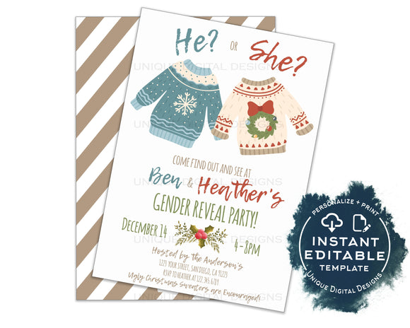 Christmas Gender Reveal Invitation, Editable Ugly Christmas Sweater Invite, He or She Baby Boy or Girl Custom Printable INSTANT ACCESS 5x7