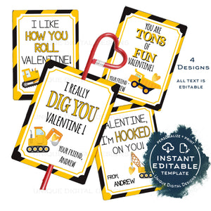 Construction Valentine Cards, Kids Editable Valentines Day from boy, Personalized Classroom Favor Tags Printable Template Dig INSTANT ACCESS