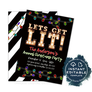 Editable Let&#39;s Get Lit Christmas Party Invitation, Lets Get Drunk Holiday Party, Celebrate Marquee Lights, Printable Adult INSTANT ACCESS