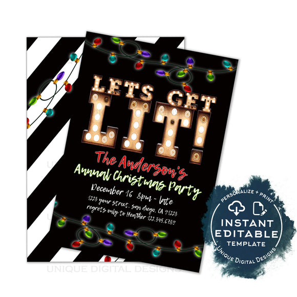Editable Let's Get Lit Christmas Party Invitation, Lets Get Drunk Holiday Party, Celebrate Marquee Lights, Printable Adult INSTANT ACCESS