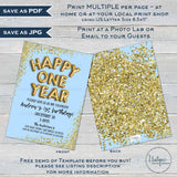 Happy One Year Birthday Invitation, Editable New Years Eve Party, First Birthday Party, Glitter Printable Template diy INSTANT ACCESS 2020